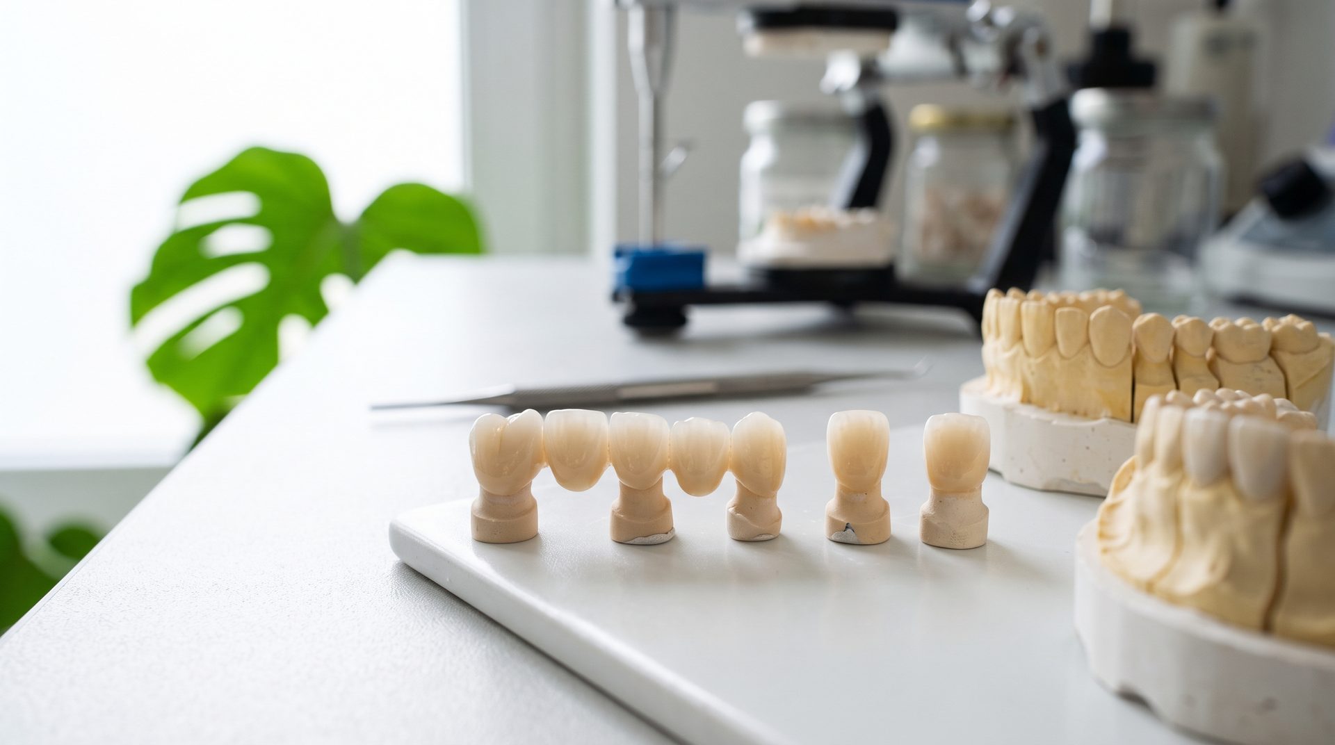 Coroane dentare din ceramică pe masa de lucru, comparație materiale, Bel-Dent Baia Mare
